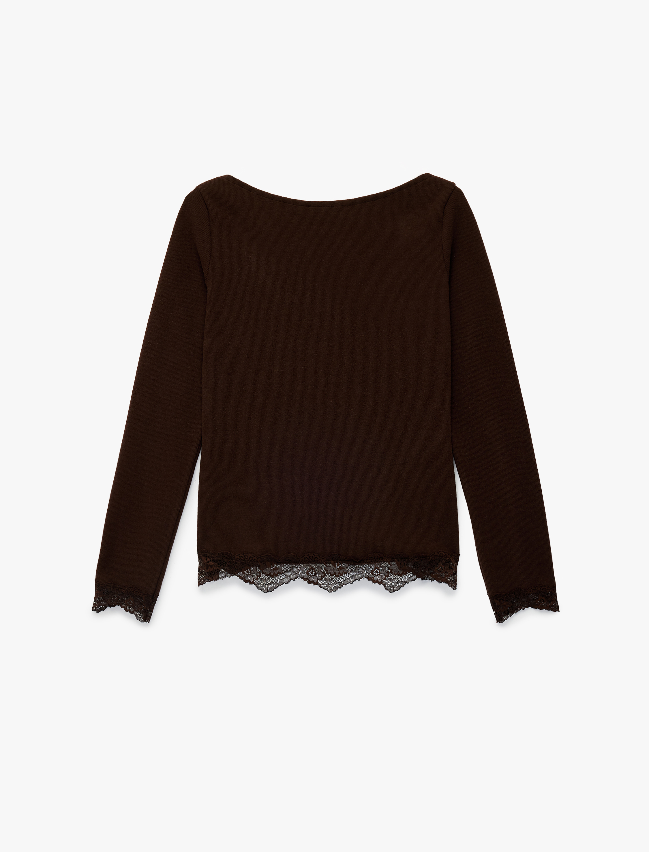   Dantel Detaylı Asimetrik Kesim Kayık Yaka Uzun Kollu Tişört