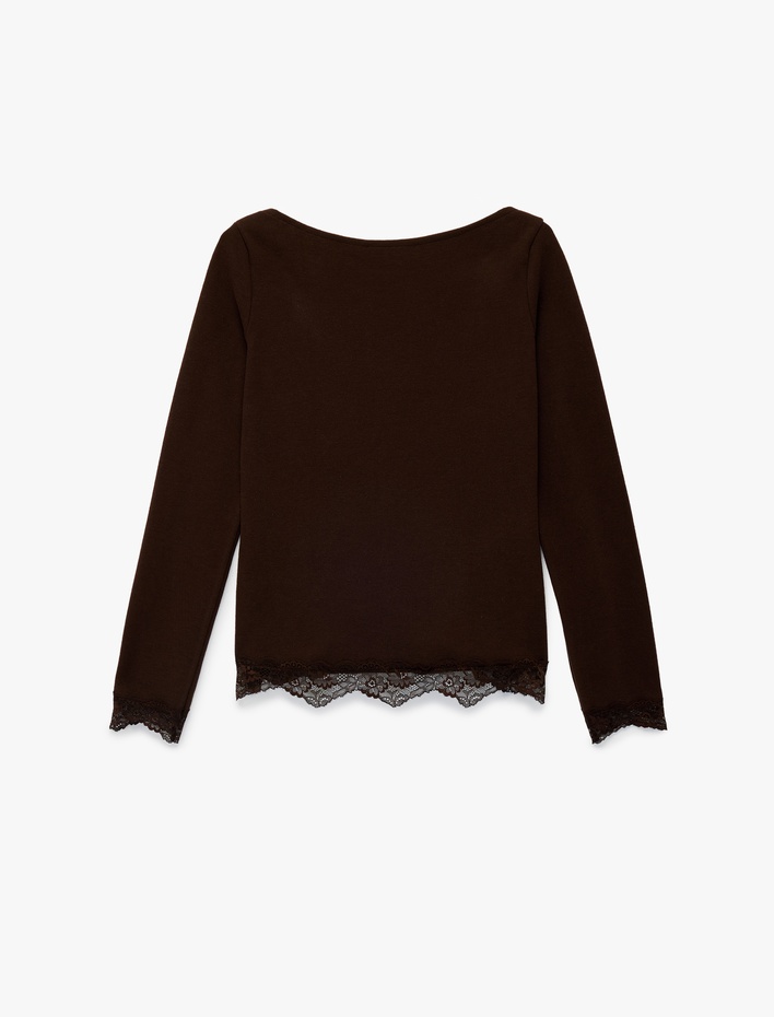  Dantel Detaylı Asimetrik Kesim Kayık Yaka Uzun Kollu Tişört