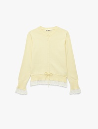 Pamuklu Uzun Kollu Bisiklet Yaka Fırfır Detaylı Düğmeli Triko Hırka