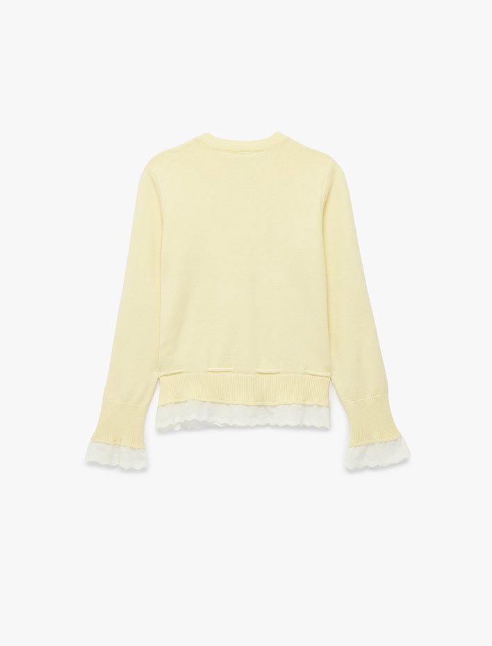  Pamuklu Uzun Kollu Bisiklet Yaka Fırfır Detaylı Düğmeli Triko Hırka