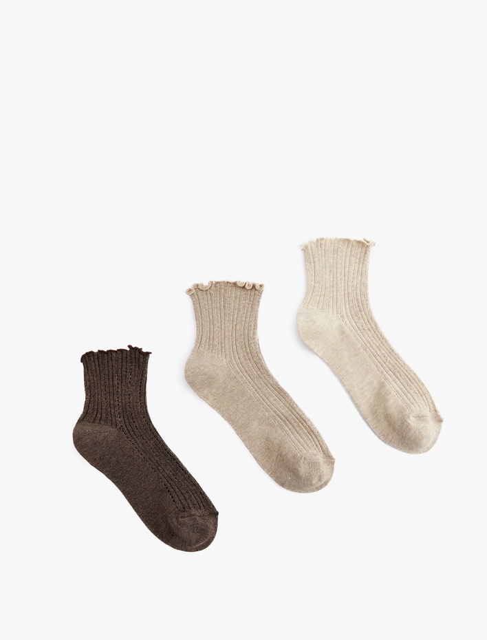 Kadın Dokulu Fırfır Detaylı 3'lü Patik Çorap Seti