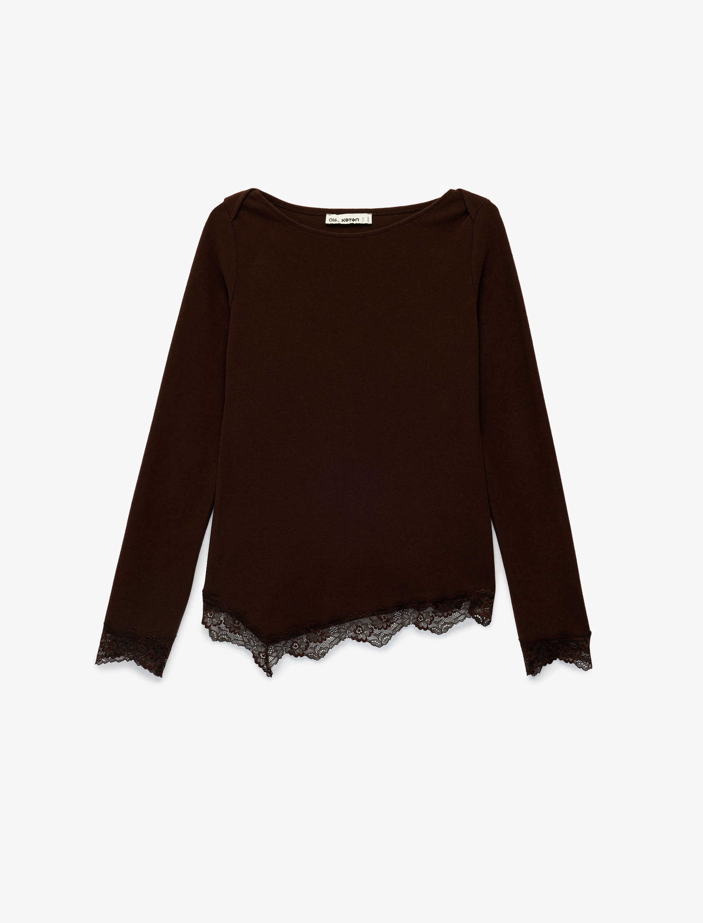   Dantel Detaylı Asimetrik Kesim Kayık Yaka Uzun Kollu Tişört