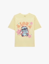 Stitch Lisanslı Kısa Kollu Bisiklet Yaka Baskılı Tişört