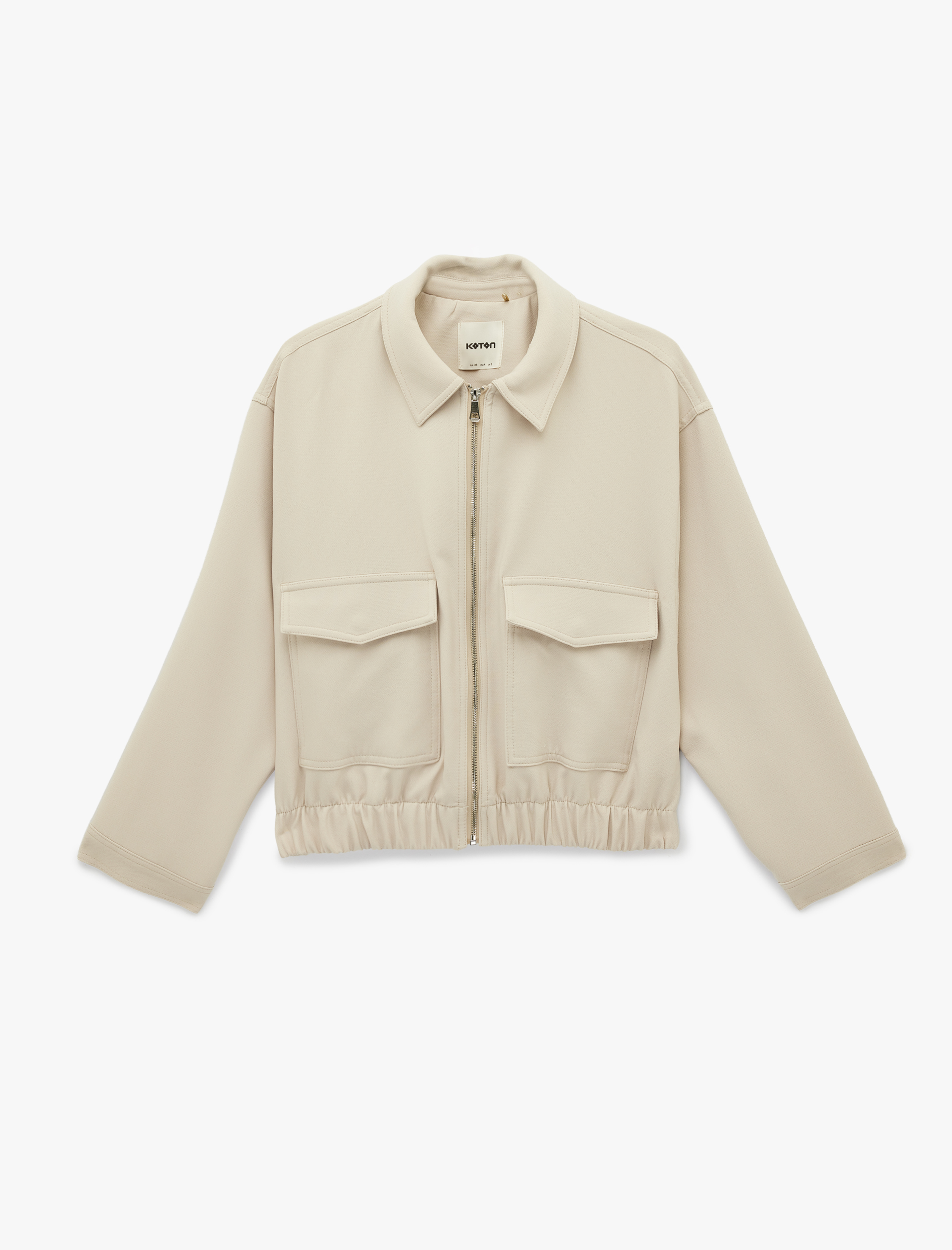   Uzun Kollu Cepli Fermuarlı Gabardin Crop Bomber Ceket