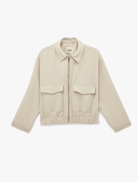 Uzun Kollu Cepli Fermuarlı Gabardin Crop Bomber Ceket