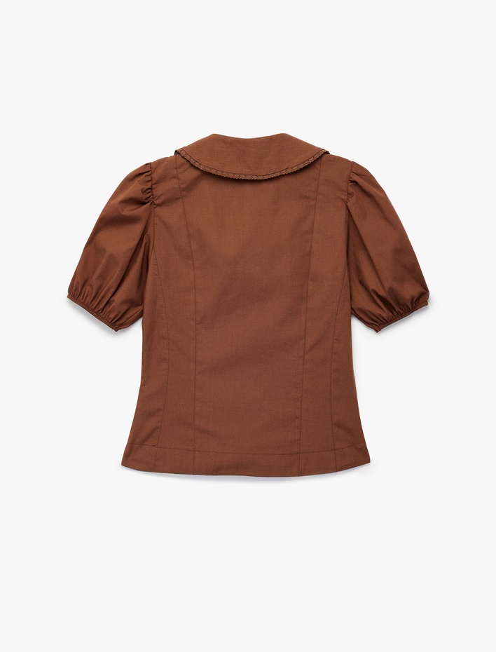  Pamuklu Kısa Balon Kollu Düğmeli Bebe Yaka Dantelli Gömlek