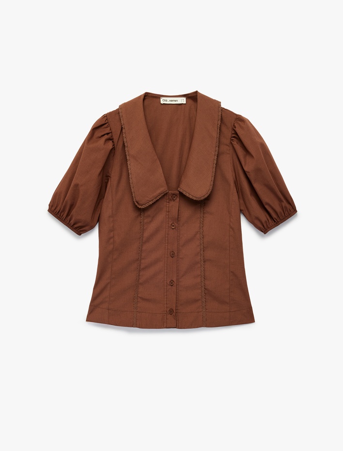  Pamuklu Kısa Balon Kollu Düğmeli Bebe Yaka Dantelli Gömlek