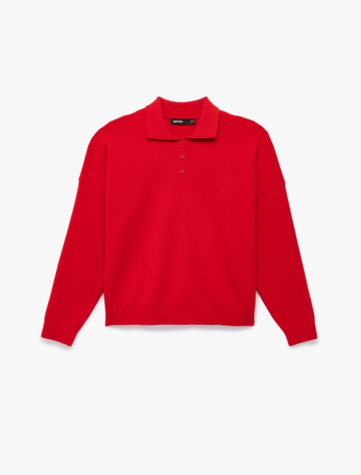  Uzun Kollu Düğmeli Polo Yaka Oversize Triko Kazak