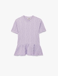 Slim Fit Bisiklet Yaka Kısa Kollu Dokulu Peplum Bluz