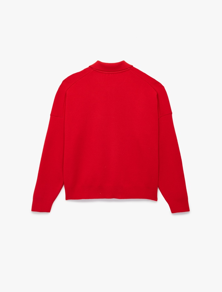  Uzun Kollu Düğmeli Polo Yaka Oversize Triko Kazak