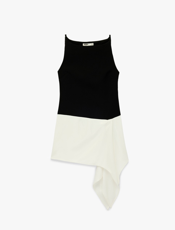  Asimetrik Kesim Renk Bloklu Kolsuz Kayık Yaka Bluz