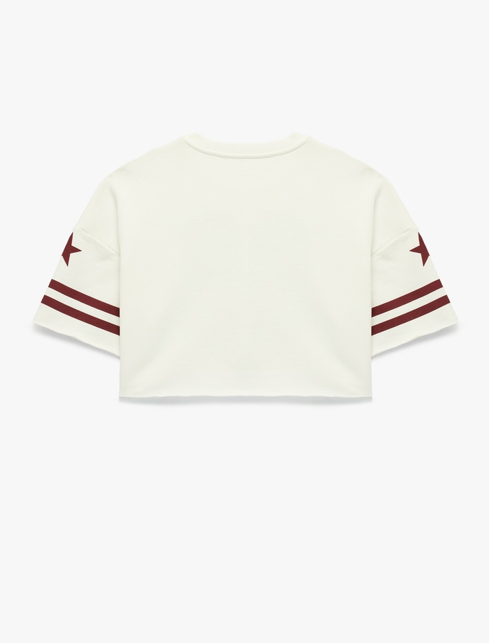  Arkası Baskılı Rahat Kalıp 3/4 Kol Bisiklet Yaka Crop Tişört