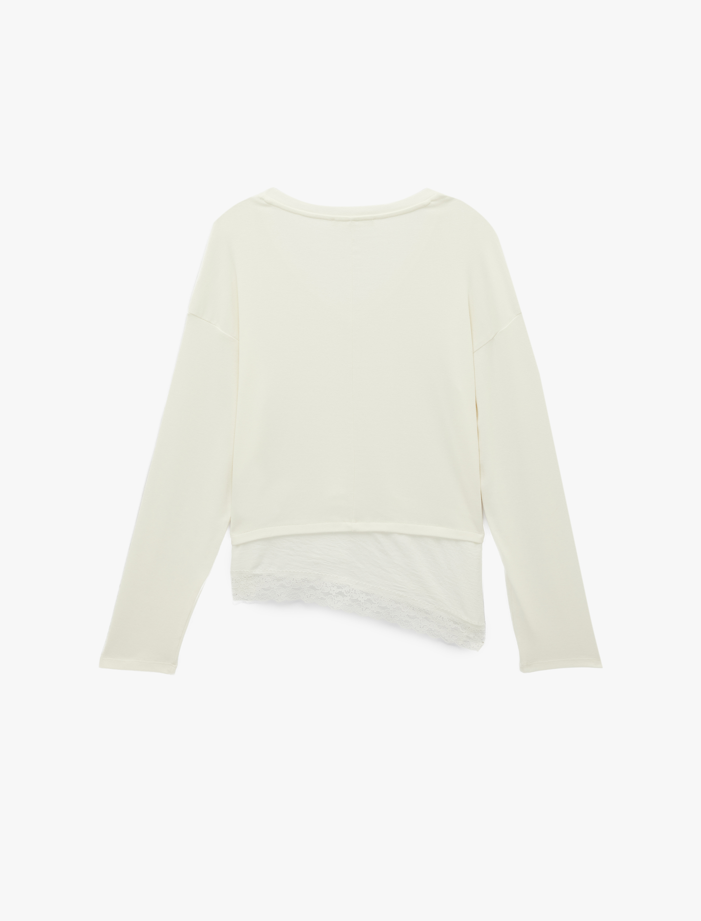   Modal Karışımlı Dantel Detaylı V Yaka Uzun Kollu Asimetrik Tişört