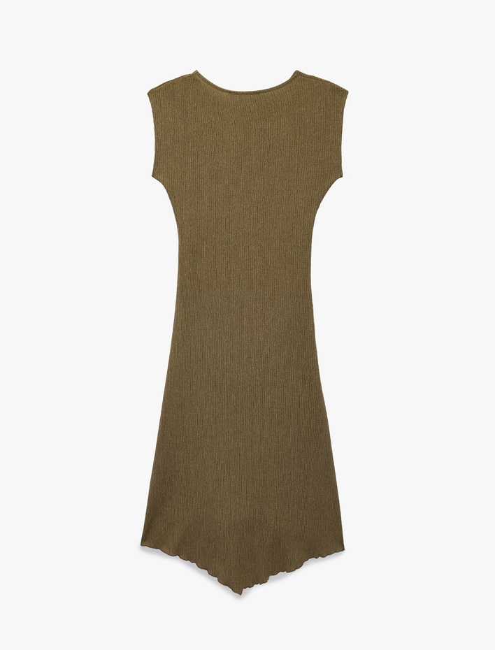  Drape Detaylı Asimetrik Kesim Bisiklet Yaka Kolsuz Midi Elbise