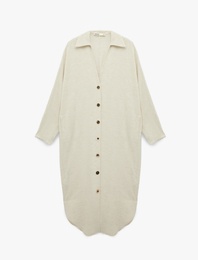 Viskon Keten Karışımlı Rahat Kalıp Uzun Kollu Cepli Düğmeli Gömlek Elbise