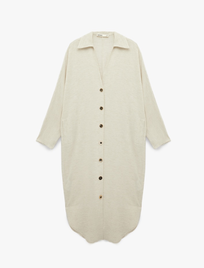  Viskon Keten Karışımlı Rahat Kalıp Uzun Kollu Cepli Düğmeli Gömlek Elbise