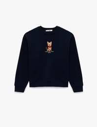 Şardonlu Rahat Kalıp Bisiklet Yaka Köpek Baskılı Sweatshirt