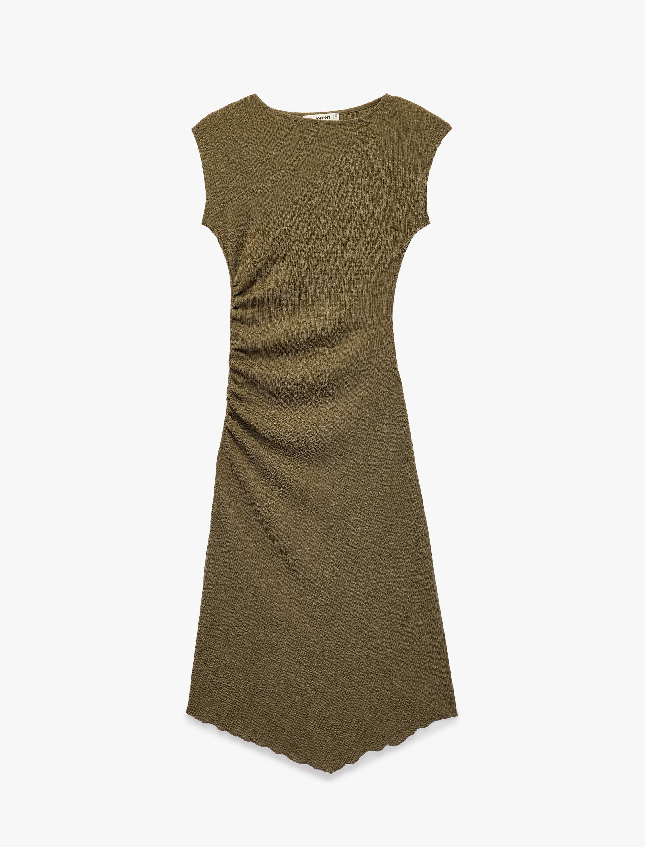   Drape Detaylı Asimetrik Kesim Bisiklet Yaka Kolsuz Midi Elbise