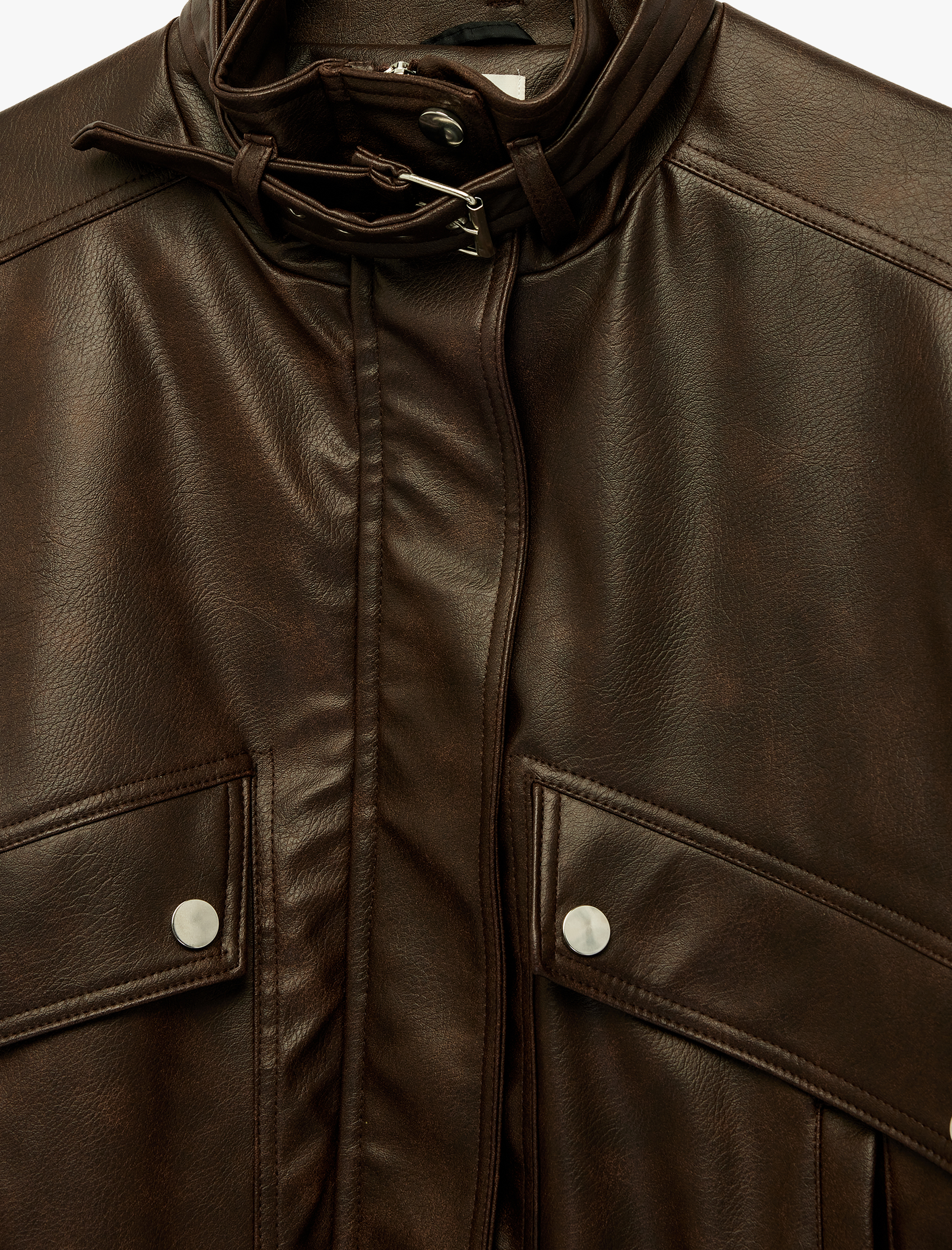   Suni Deri Cep Detaylı Fermuarlı Uzun Kollu Dik Yaka Crop Ceket