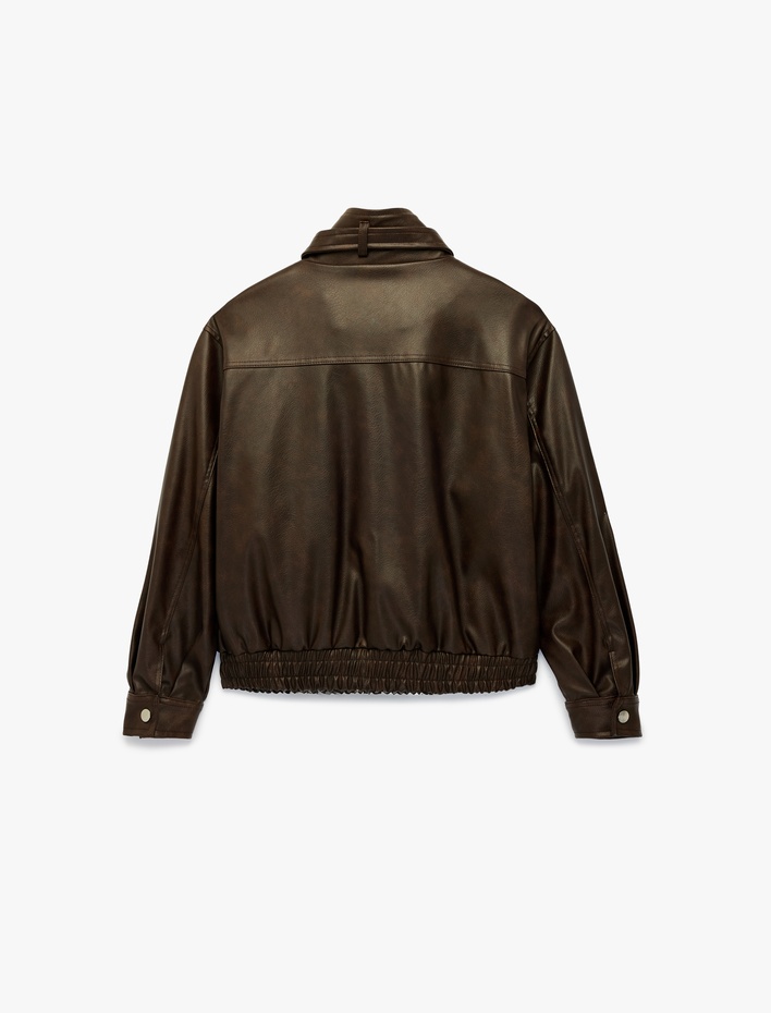  Suni Deri Cep Detaylı Fermuarlı Uzun Kollu Dik Yaka Crop Ceket