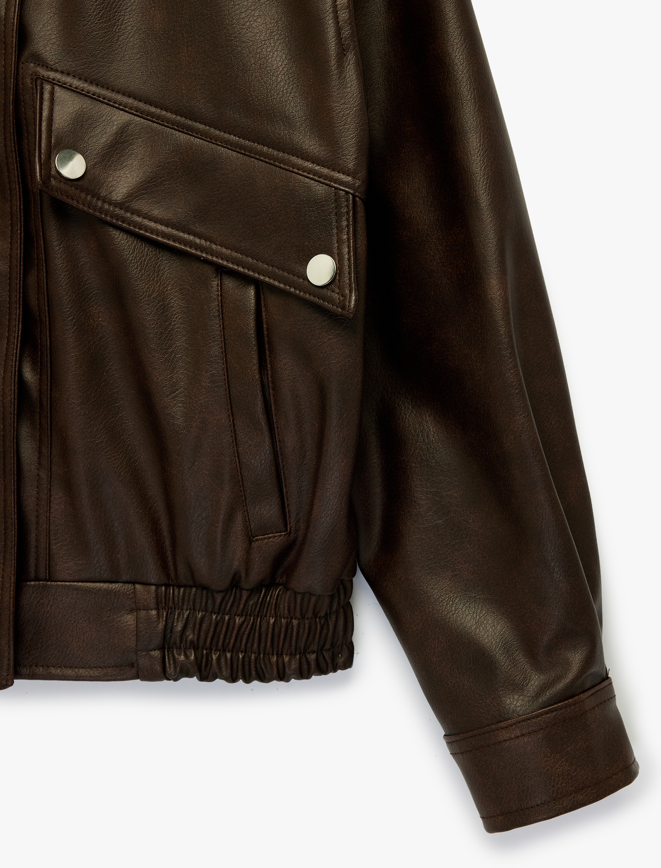   Suni Deri Cep Detaylı Fermuarlı Uzun Kollu Dik Yaka Crop Ceket