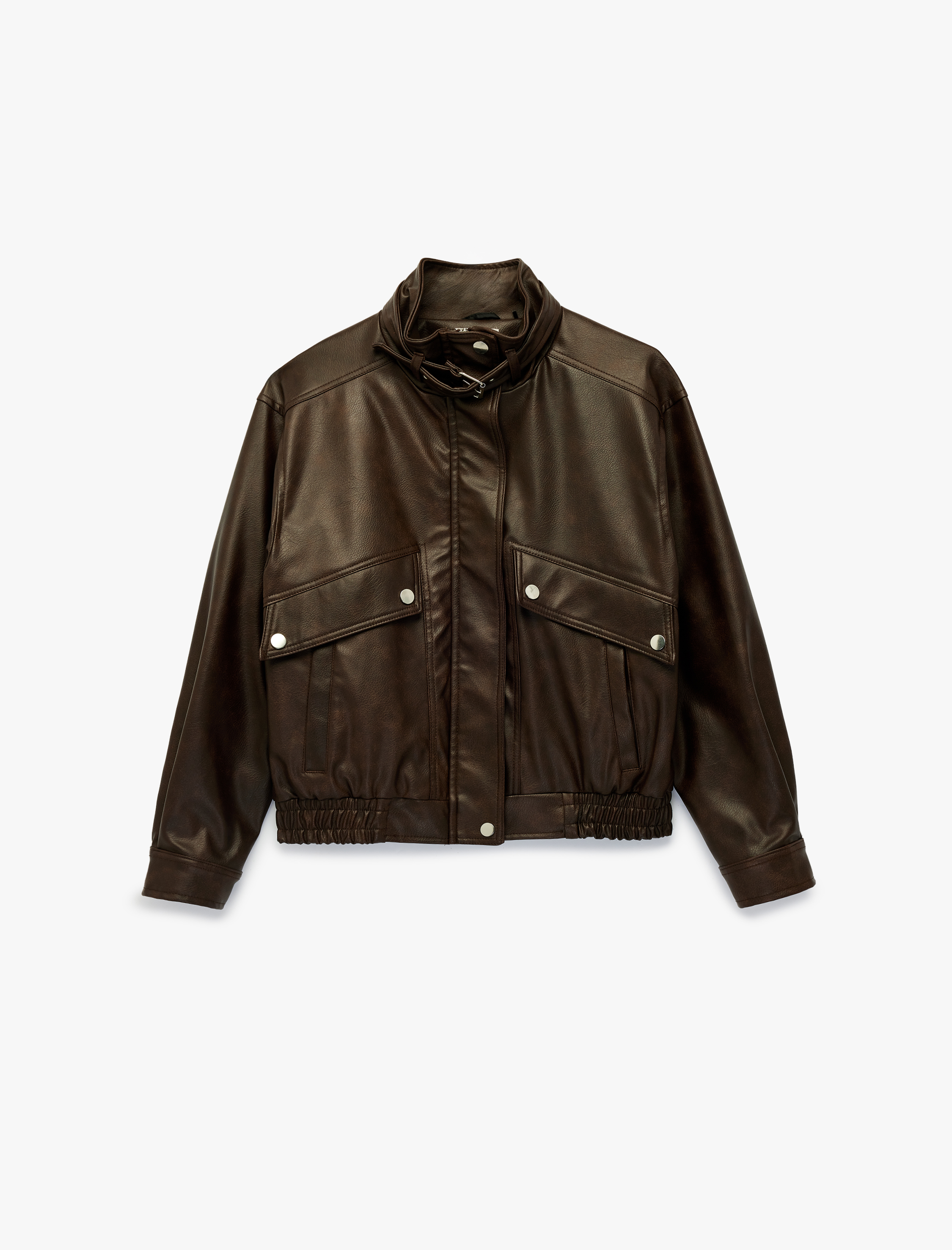   Suni Deri Cep Detaylı Fermuarlı Uzun Kollu Dik Yaka Crop Ceket