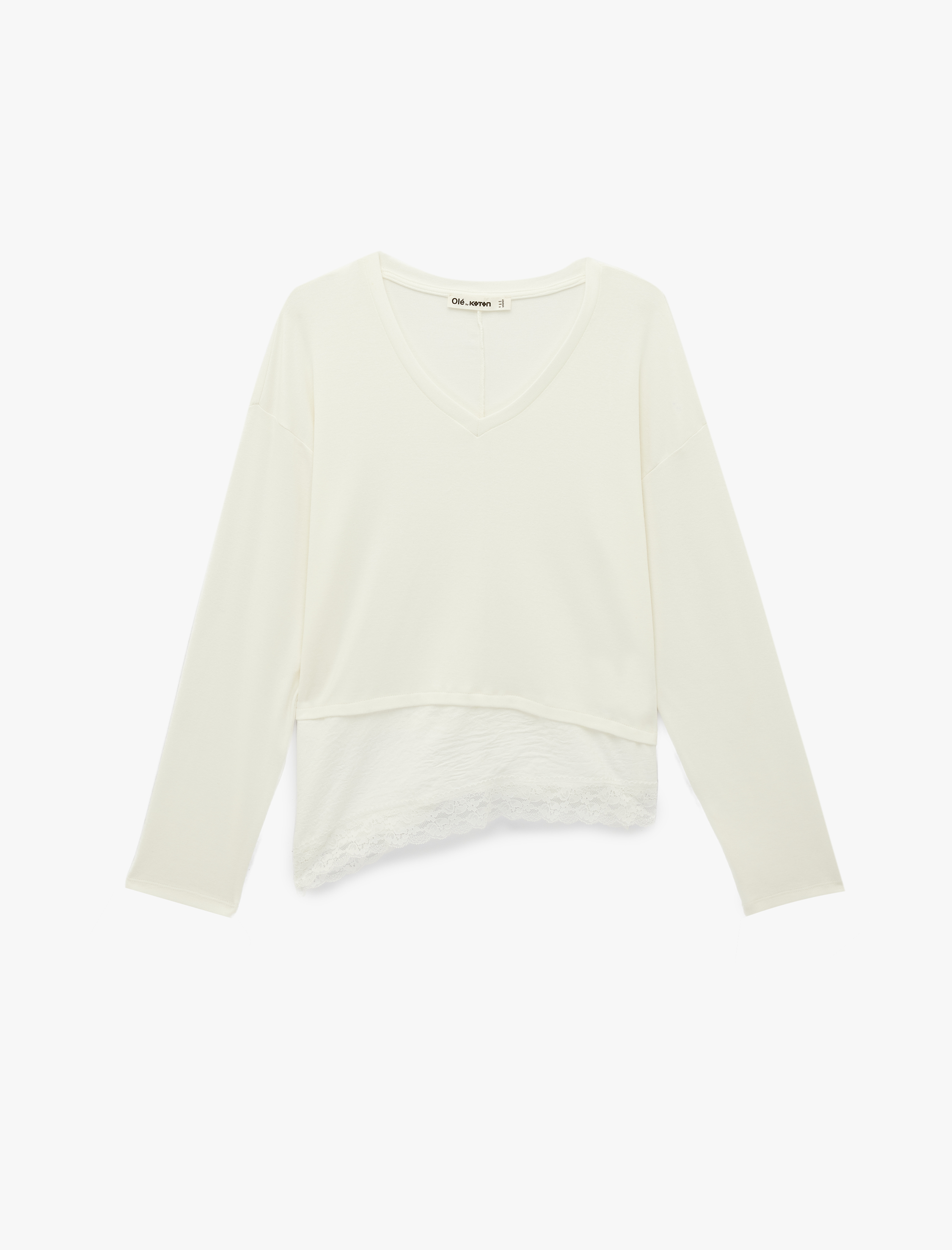   Modal Karışımlı Dantel Detaylı V Yaka Uzun Kollu Asimetrik Tişört