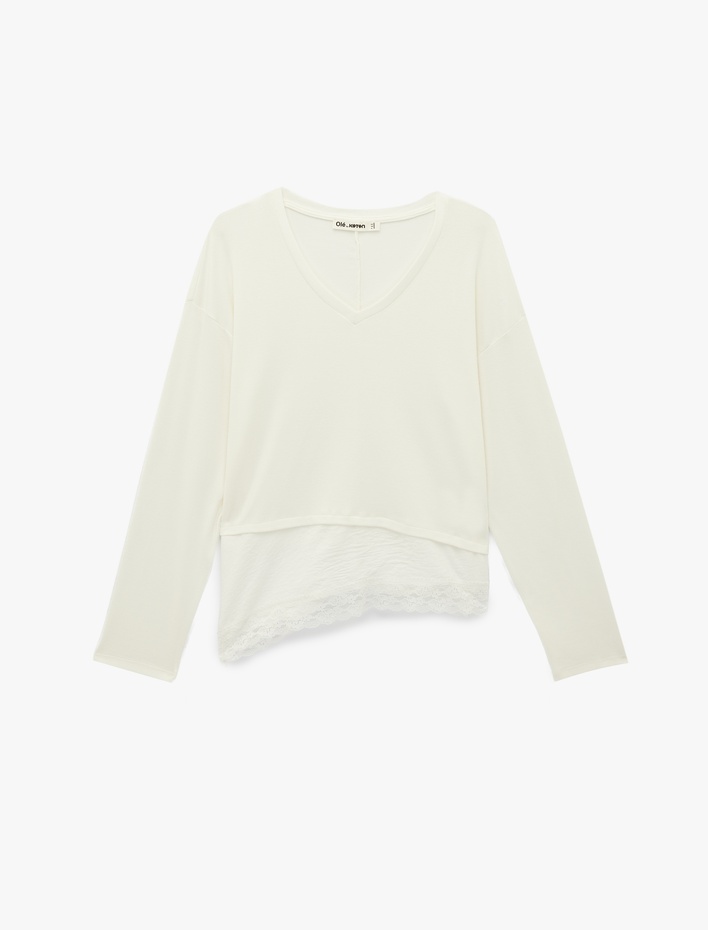  Modal Karışımlı Dantel Detaylı V Yaka Uzun Kollu Asimetrik Tişört