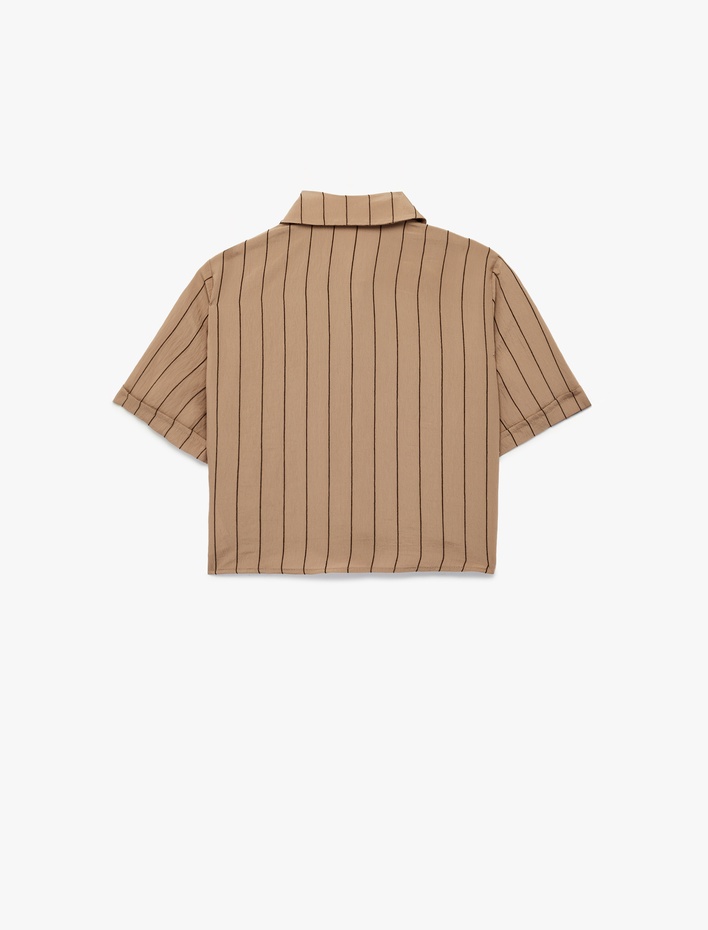  Modal Kumaş Kısa Kollu Çizgili Crop Gömlek
