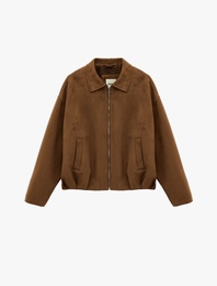 Uzun Kollu Cepli Fermuarlı Suni Süet Oversize Bomber Ceket