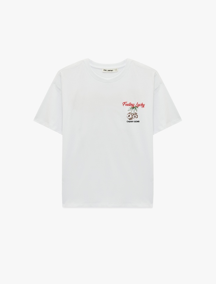  Rahat Kalıp Kısa Kollu Bisiklet Yaka Pamuklu Arkası Kiraz Baskılı Tişört