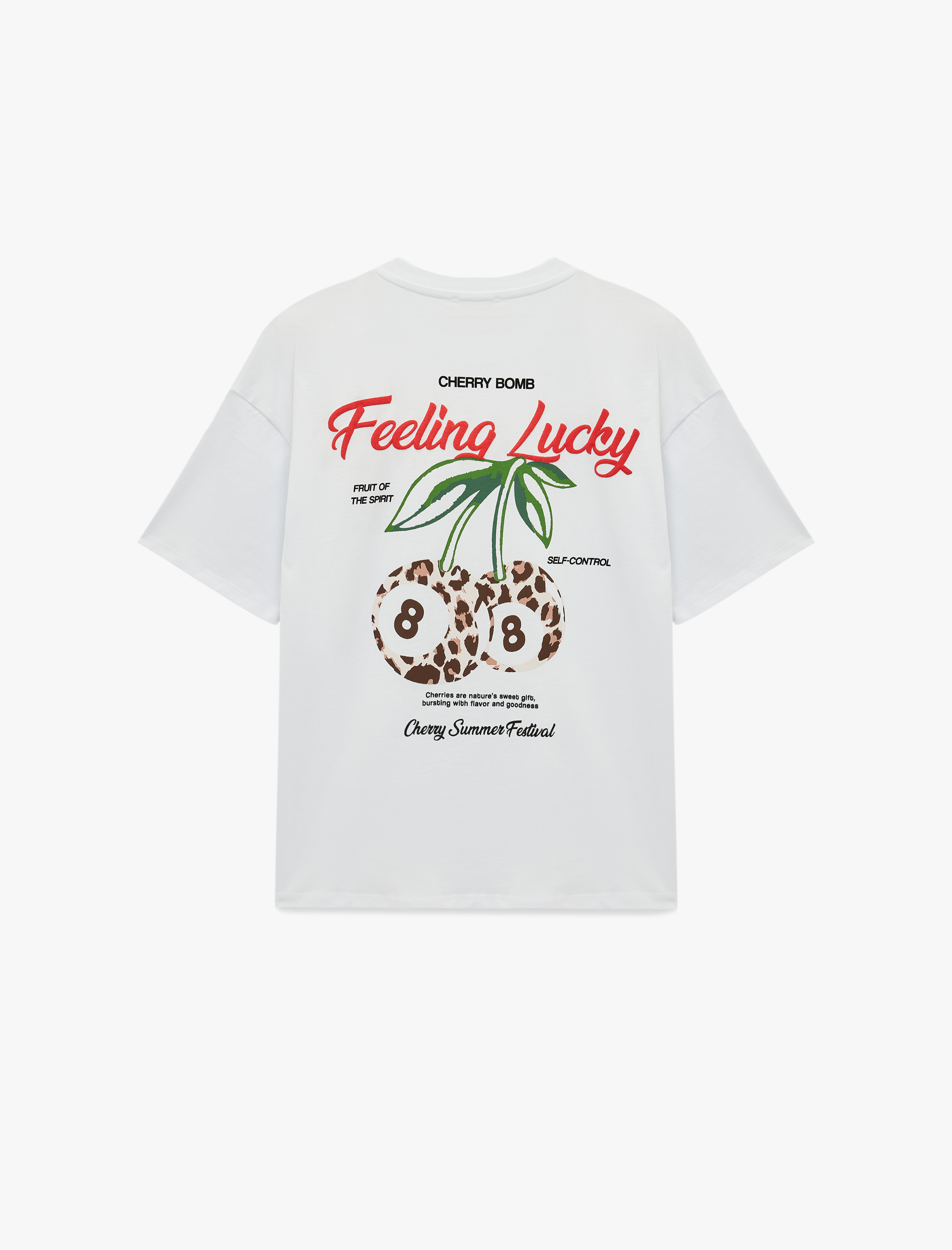   Rahat Kalıp Kısa Kollu Bisiklet Yaka Pamuklu Arkası Kiraz Baskılı Tişört