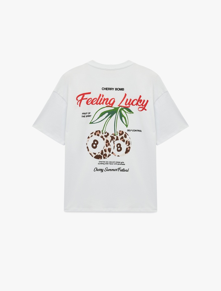  Rahat Kalıp Kısa Kollu Bisiklet Yaka Pamuklu Arkası Kiraz Baskılı Tişört