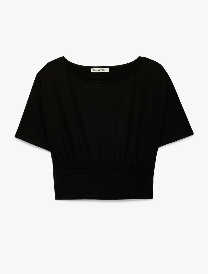  Kısa Kollu Viskon Karışımlı Kayık Yaka Crop Tişört