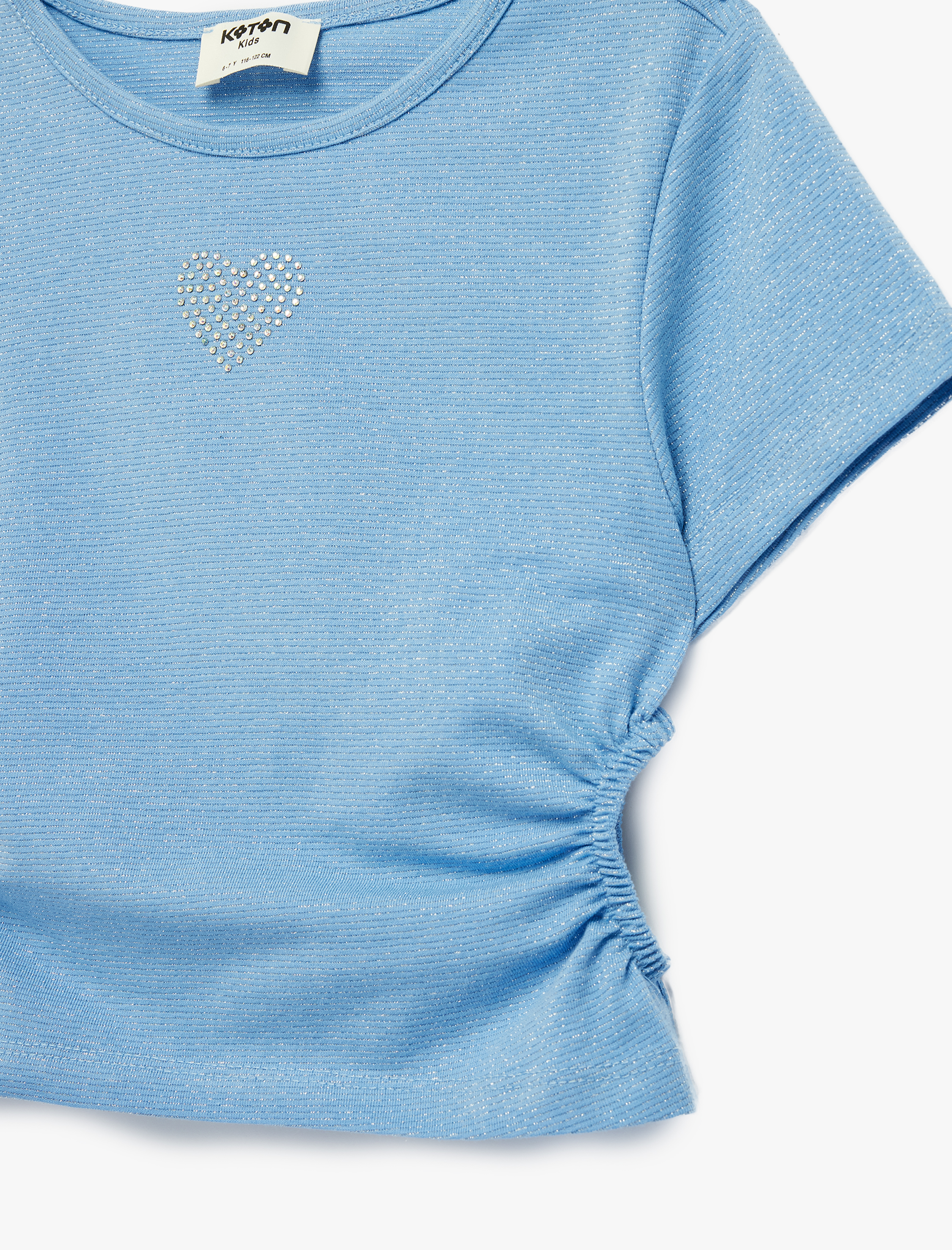  Kız Çocuk Bisiklet Yaka Slim Fit Kalpli Taşlı Büzgü Detaylı Pamuklu Kısa Kollu Crop Bluz