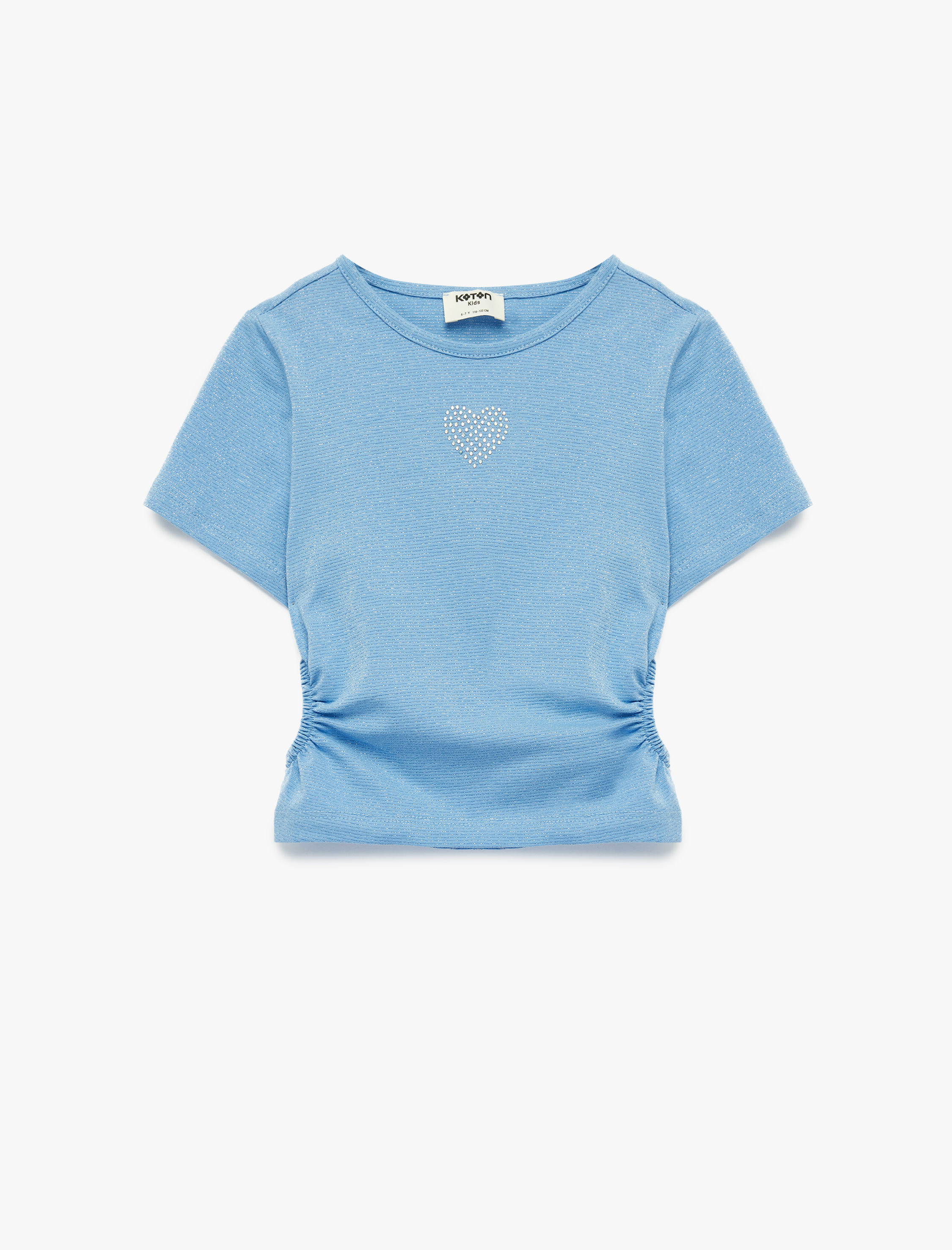  Kız Çocuk Bisiklet Yaka Slim Fit Kalpli Taşlı Büzgü Detaylı Pamuklu Kısa Kollu Crop Bluz