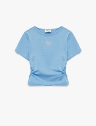 Bisiklet Yaka Slim Fit Kalpli Taşlı Büzgü Detaylı Pamuklu Kısa Kollu Crop Bluz