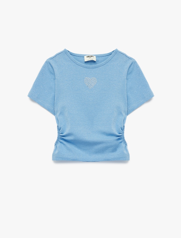 Kız Çocuk Bisiklet Yaka Slim Fit Kalpli Taşlı Büzgü Detaylı Pamuklu Kısa Kollu Crop Bluz