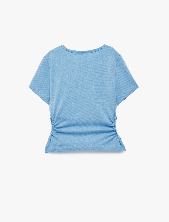 Kız Çocuk Bisiklet Yaka Slim Fit Kalpli Taşlı Büzgü Detaylı Pamuklu Kısa Kollu Crop Bluz