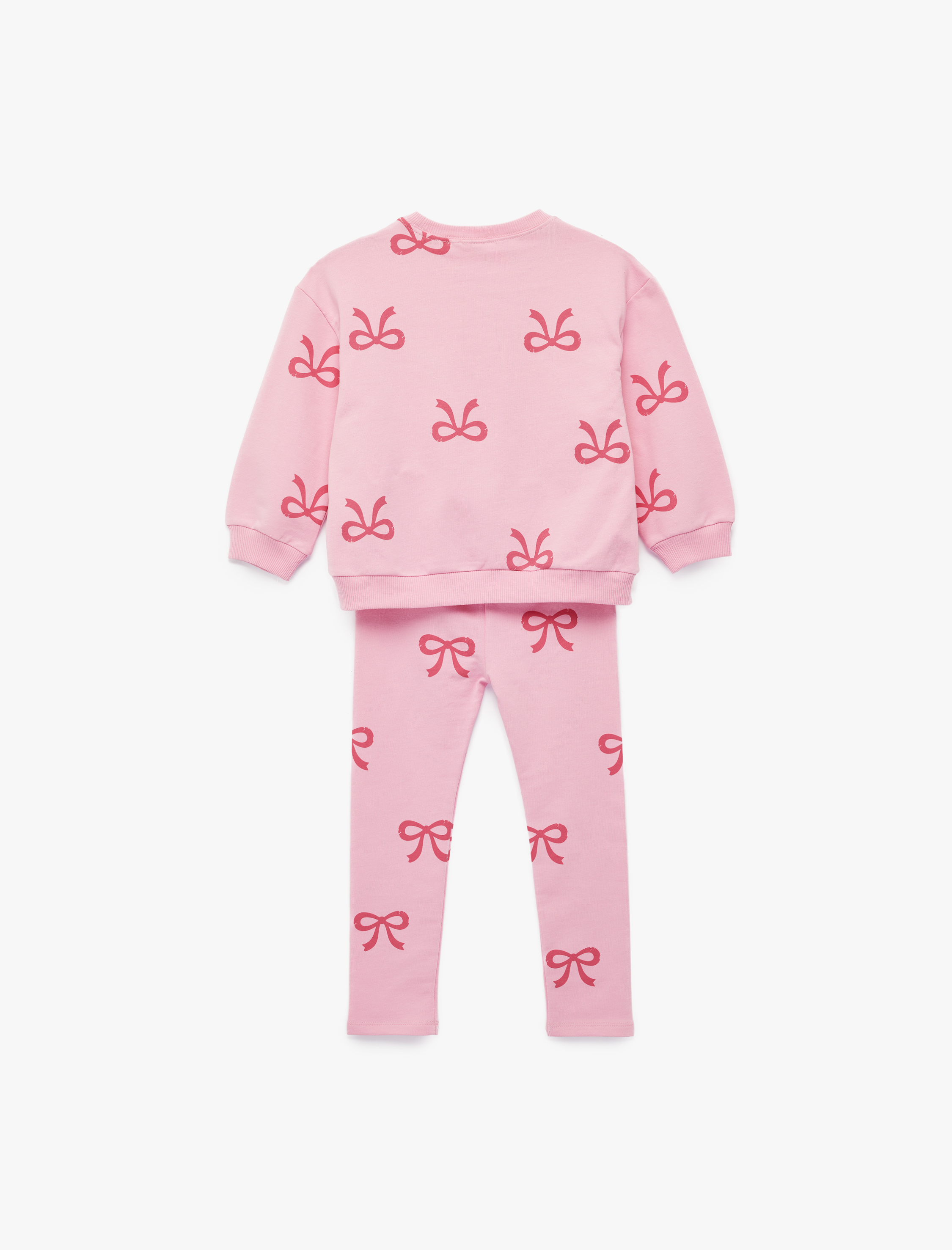  Kız Bebek Uzun Kollu Bisiklet Yaka Pamuklu Fiyonk Baskılı Sweatshirt ve Tayt Seti - 2'li Takım