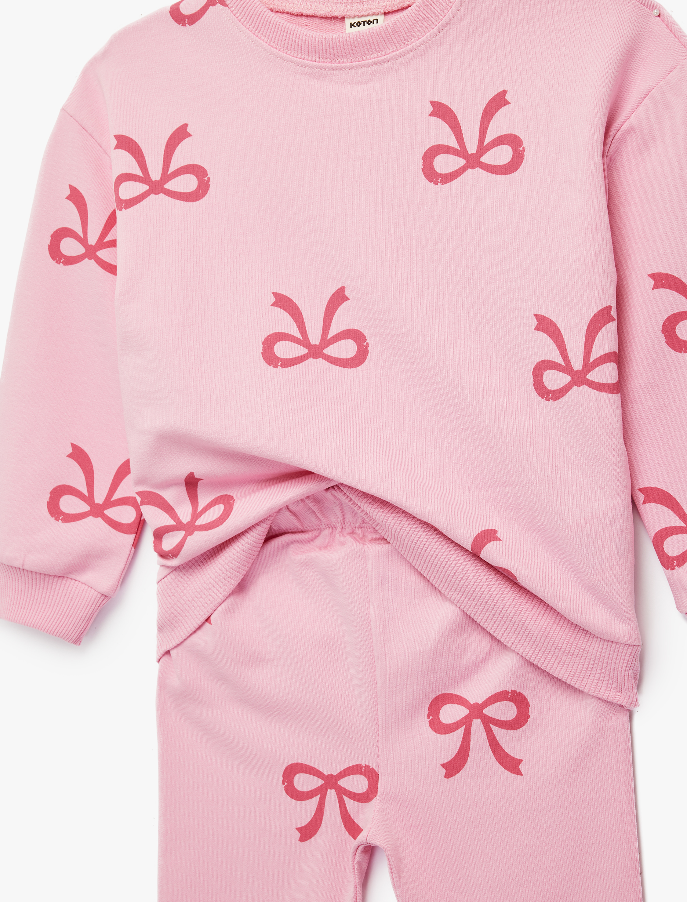  Kız Bebek Uzun Kollu Bisiklet Yaka Pamuklu Fiyonk Baskılı Sweatshirt ve Tayt Seti - 2'li Takım