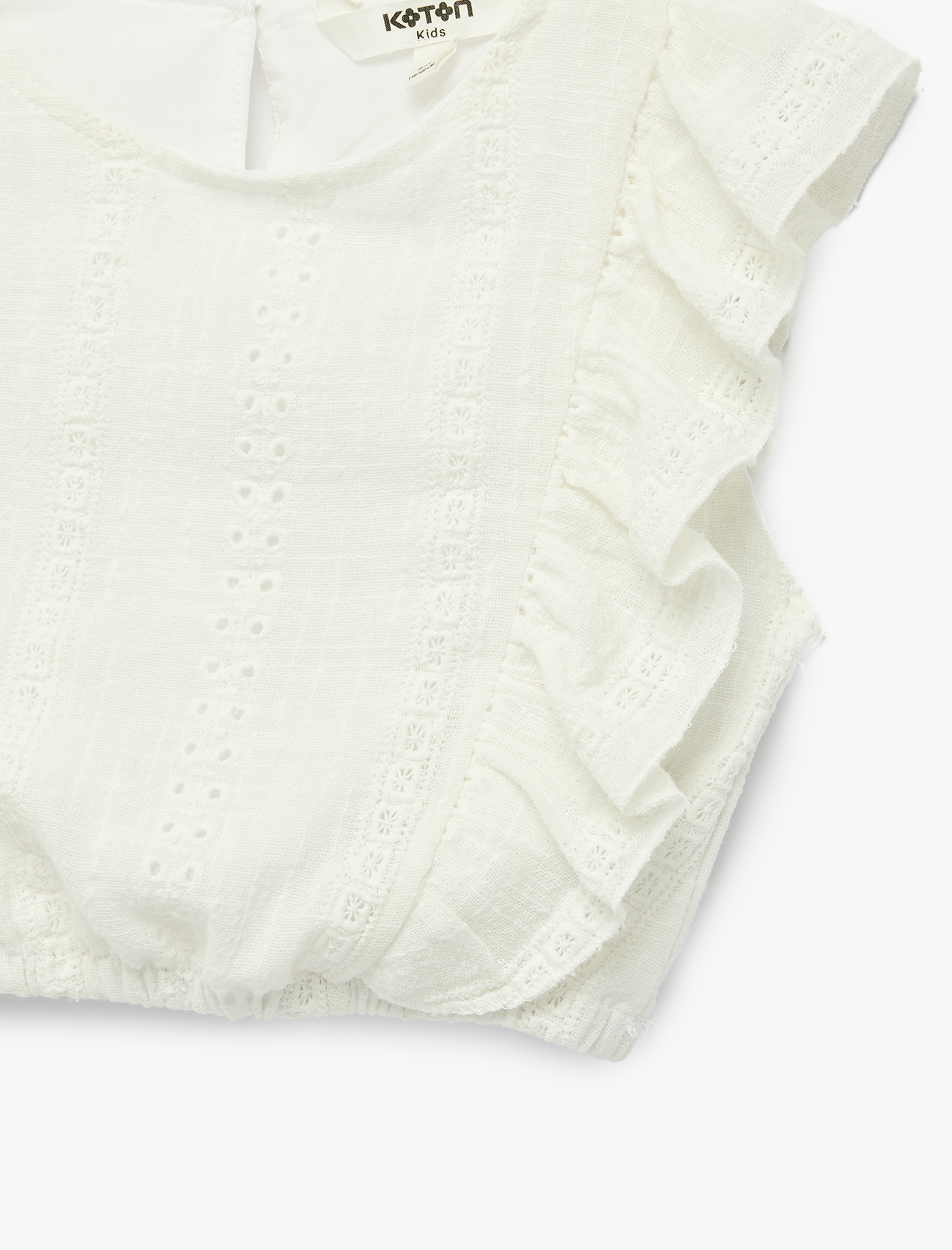  Kız Çocuk Kolsuz Brodeli Beli Lastikli Bisiklet Yaka Crop Bluz