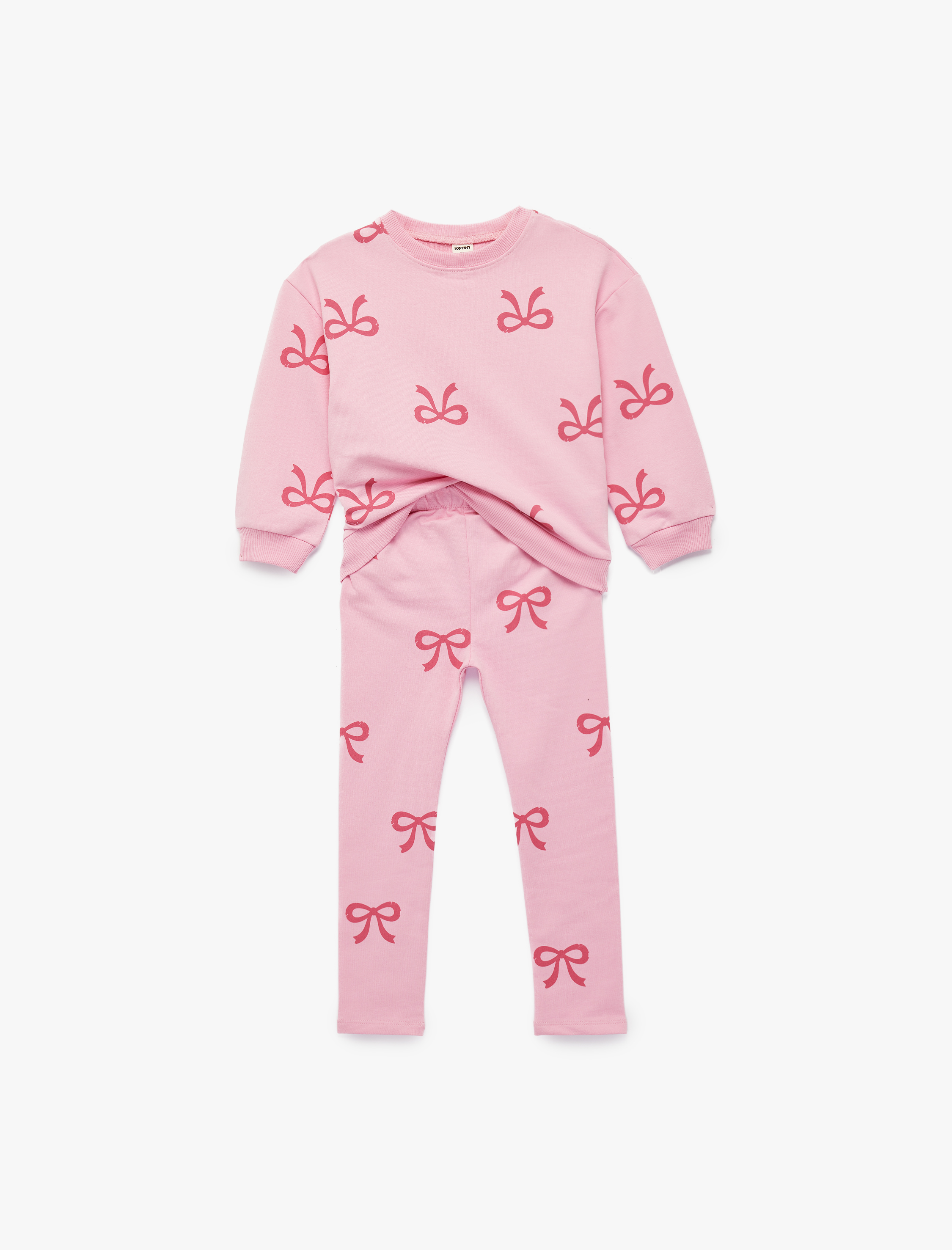  Kız Bebek Uzun Kollu Bisiklet Yaka Pamuklu Fiyonk Baskılı Sweatshirt ve Tayt Seti - 2'li Takım