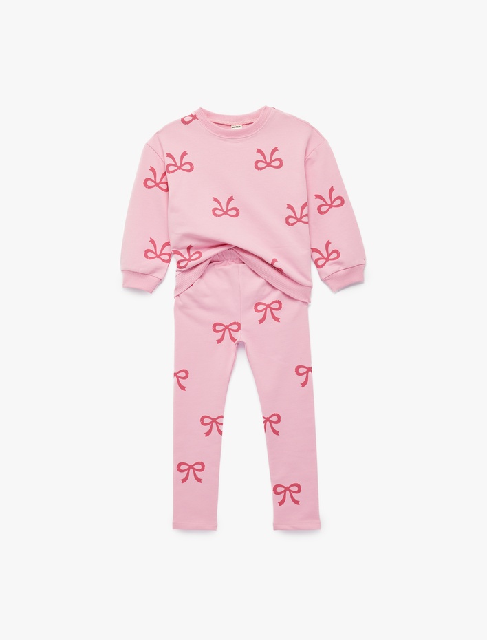 Kız Bebek Uzun Kollu Bisiklet Yaka Pamuklu Fiyonk Baskılı Sweatshirt ve Tayt Seti - 2'li Takım