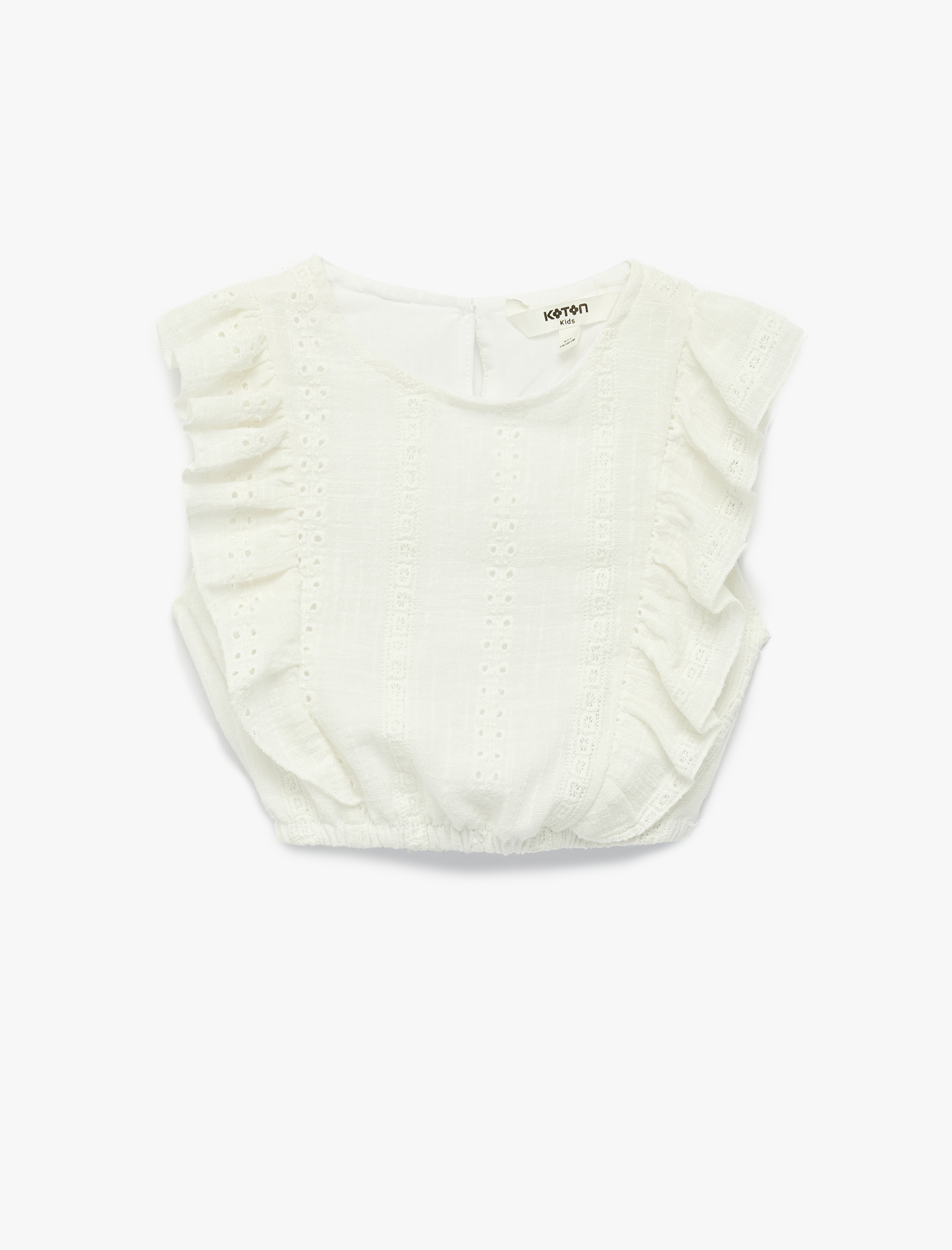  Kız Çocuk Kolsuz Brodeli Beli Lastikli Bisiklet Yaka Crop Bluz