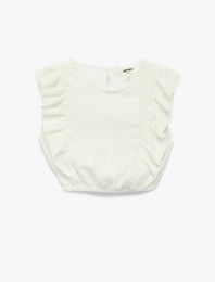 Kolsuz Brodeli Beli Lastikli Bisiklet Yaka Crop Bluz