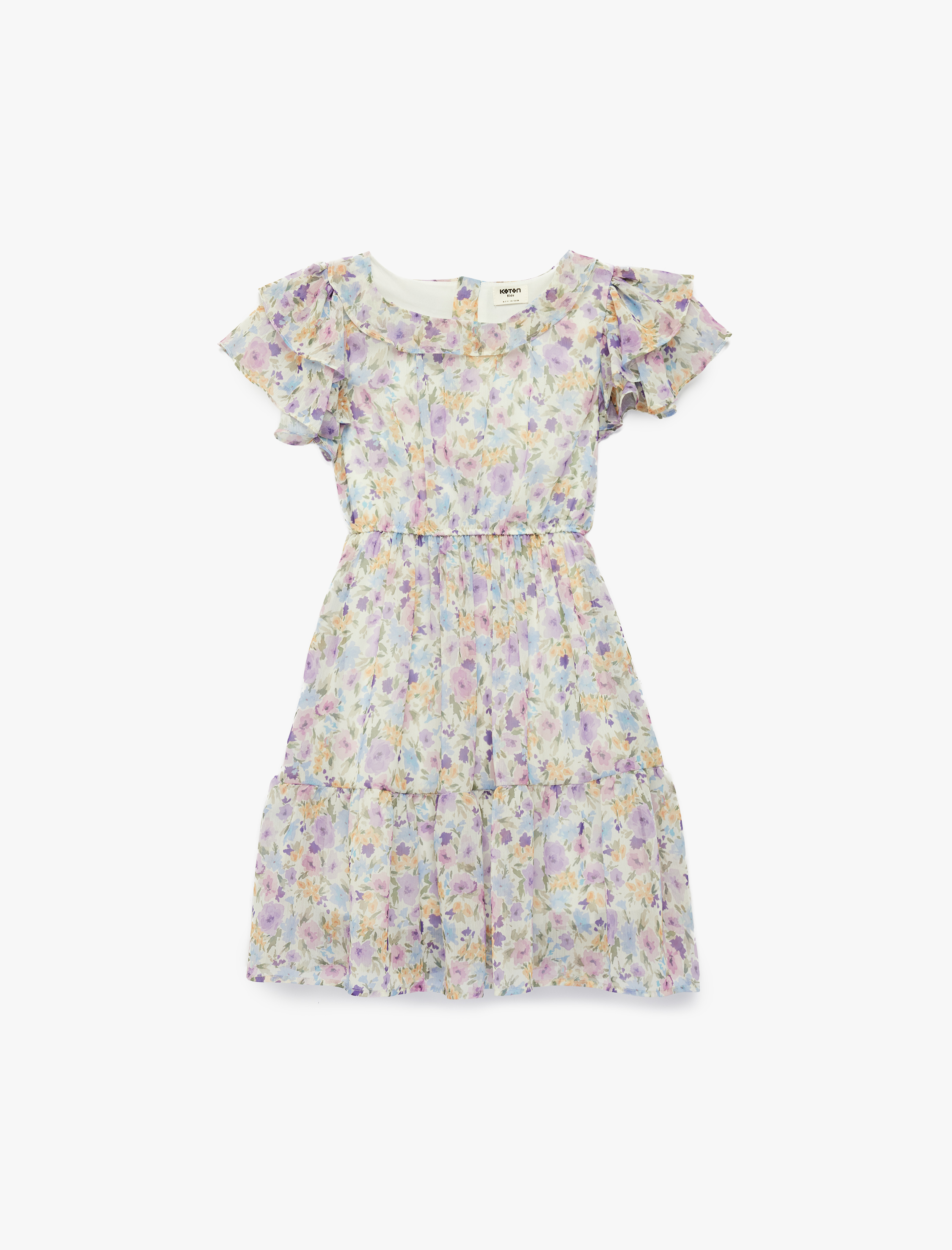  Kız Çocuk Bisiklet Yaka Fırfır Detaylı Katlı Çiçekli Şifon Elbise