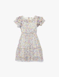 Bisiklet Yaka Fırfır Detaylı Katlı Çiçekli Şifon Elbise