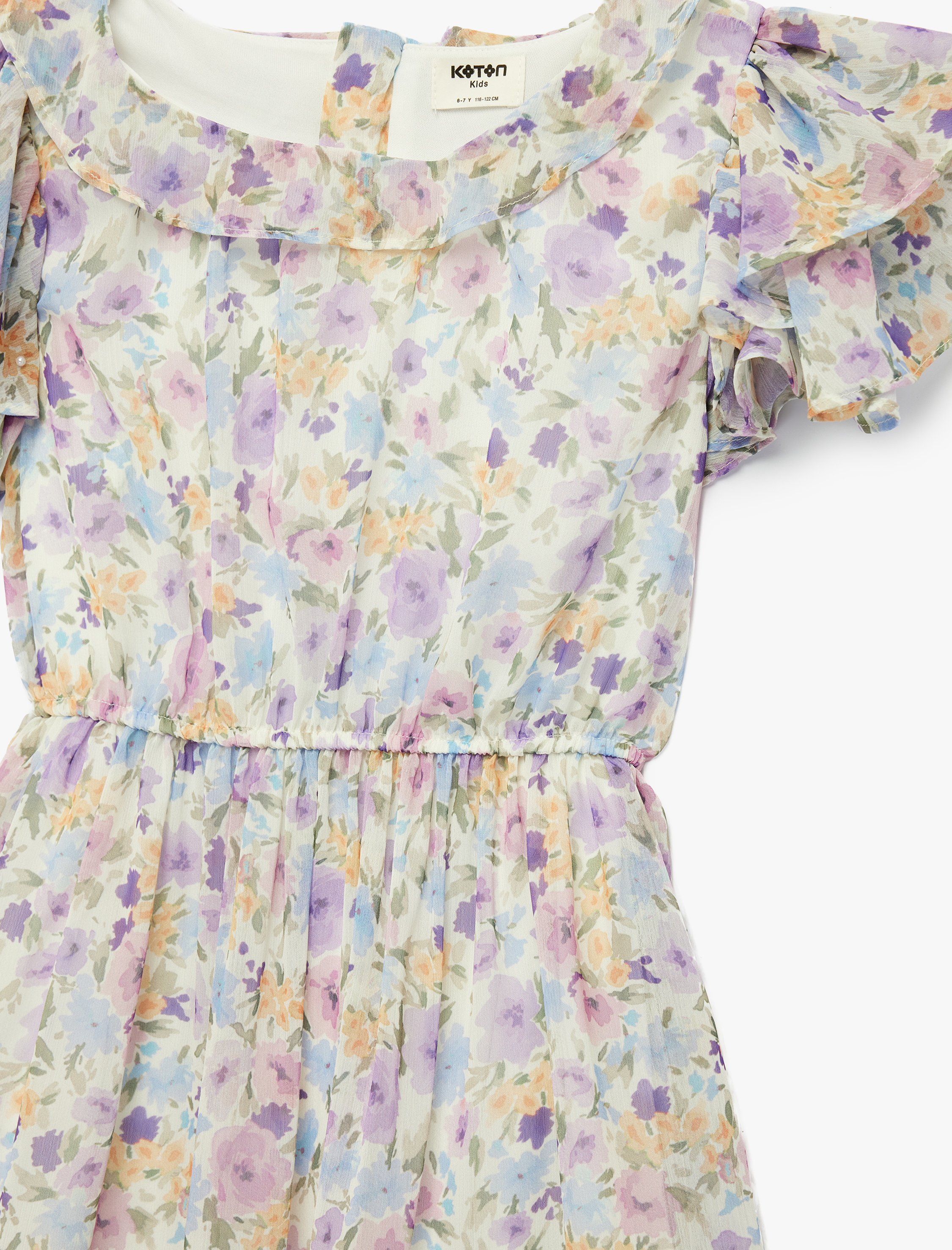  Kız Çocuk Bisiklet Yaka Fırfır Detaylı Katlı Çiçekli Şifon Elbise