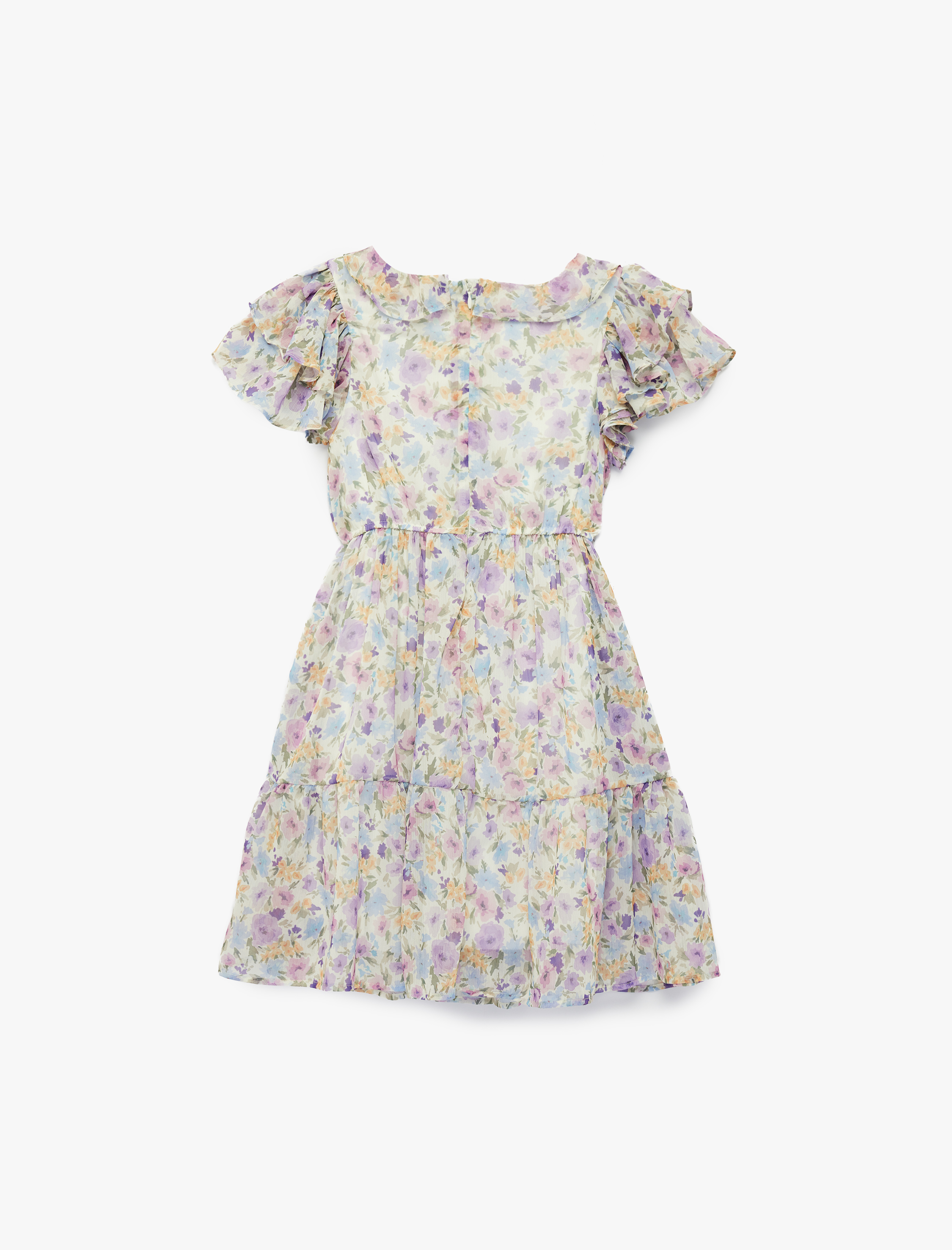  Kız Çocuk Bisiklet Yaka Fırfır Detaylı Katlı Çiçekli Şifon Elbise